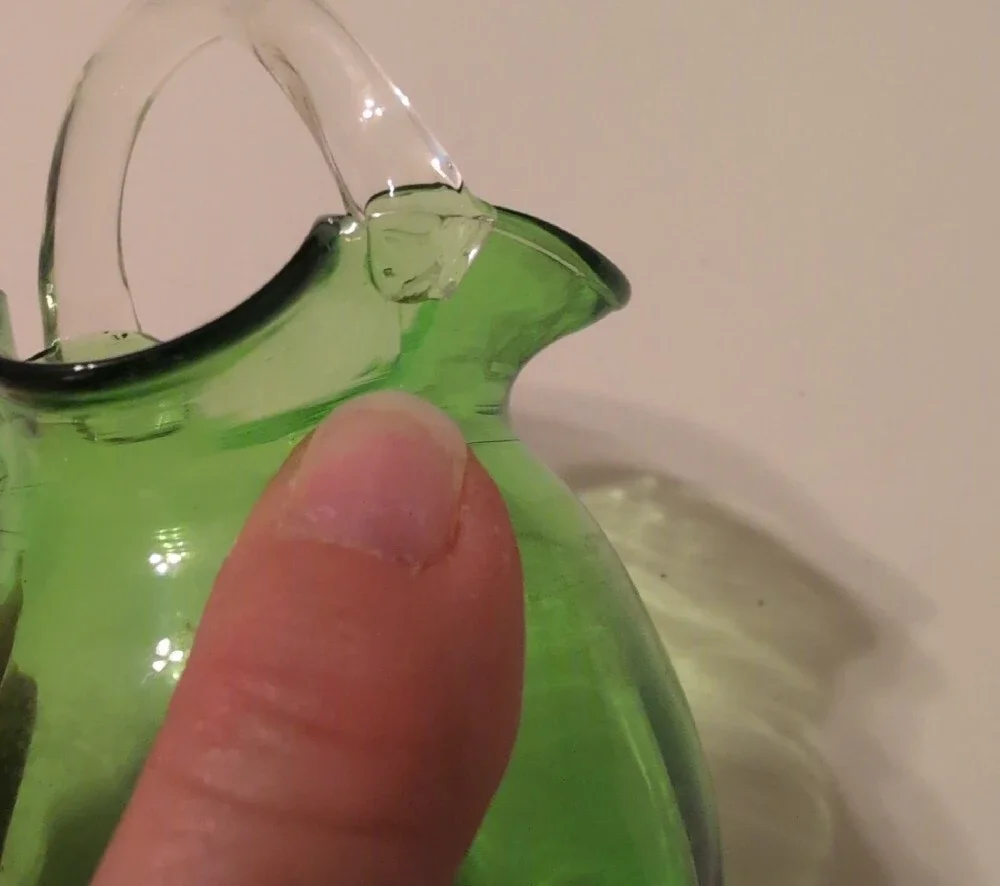 Green Pilgrim Glass Ruffled Rim Pitcher with Clear Handle